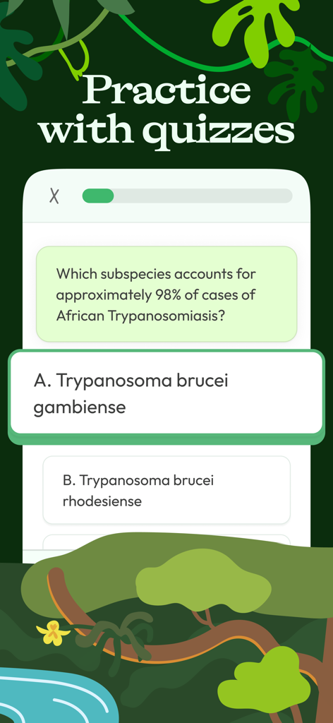 Una pantalla de cuestionario de opción múltiple en la aplicación Jungle AI con una pregunta de biología y una interfaz temática de jungla