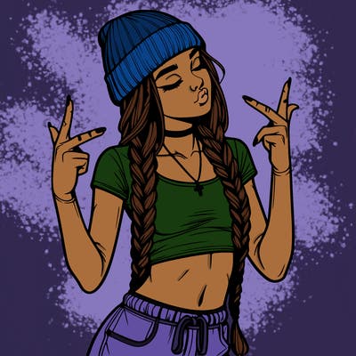 realistic teenage girl with braids and a beanie and crop top doing 🫶🏼