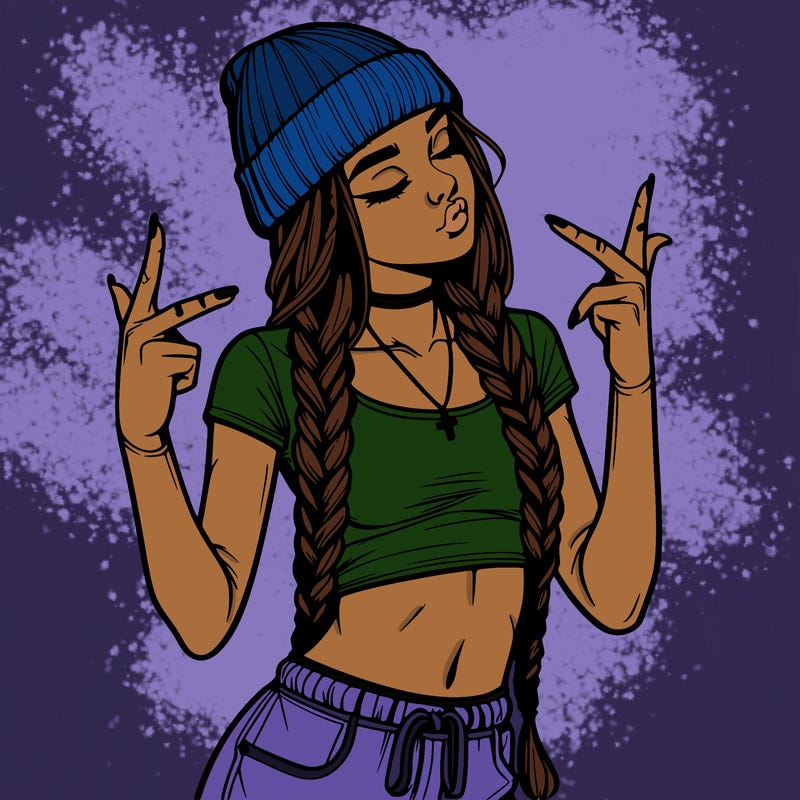 realistic teenage girl with braids and a beanie and crop top doing 🫶🏼