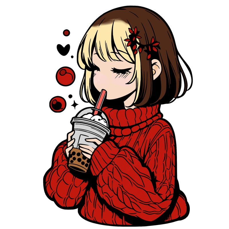 manga girl drinking boba in cozy sweater