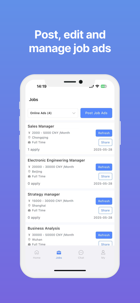 eChinacities - eChinacities recruiter interface for managing job postings in various Chinese cities