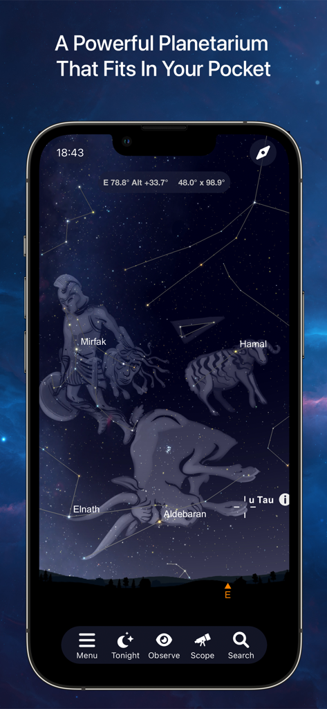 SkySafari 7 Plus - A mobile interface of the SkySafari 7 Plus planetarium app showing constellations with artistic overlays over a night sky.