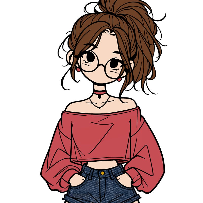 girl with a messy ponytail glasses a baggy crop top and jean shorts