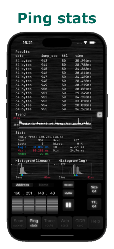 Handy Net Tools - Mobile screen of Handy Net Tools showing real-time ping statistics with latency trends and histograms