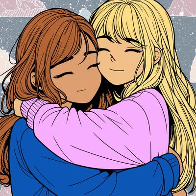 realistic two girls hugging