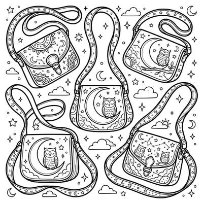 Carry your dreams with this enchanting coloring page featuring intricately designed crossbody bags. Each bag showcases whimsical celestial elements like moons, stars, and adorable owls, perfect for a relaxing night-time coloring session.