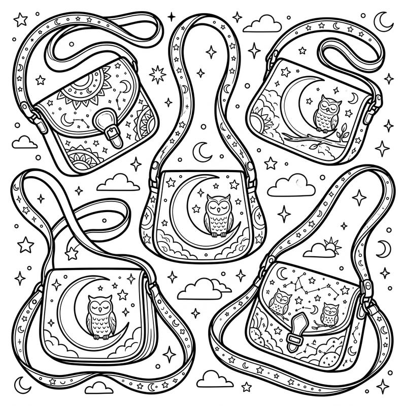 Carry your dreams with this enchanting coloring page featuring intricately designed crossbody bags. Each bag showcases whimsical celestial elements like moons, stars, and adorable owls, perfect for a relaxing night-time coloring session.