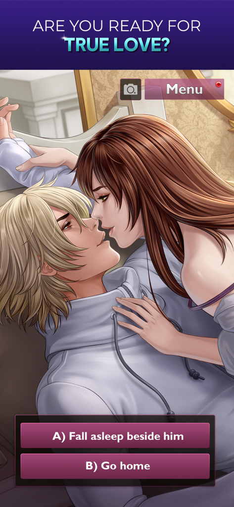 A romantic intimate scene between two characters in the Is It Love Drogo Vampire otome game with interactive story choices