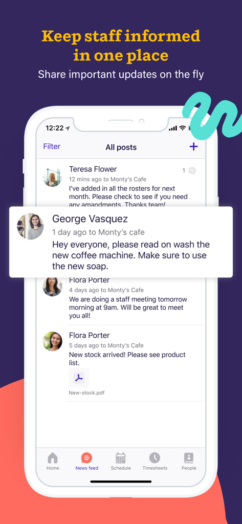 Deputy: Shift Schedule Maker - Pantalla del feed de noticias del personal de la aplicación móvil Deputy mostrando actualizaciones del personal y publicaciones de comunicación del equipo