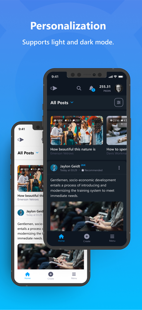 Bastyon - Bastyon mobile app displaying light and dark mode personalization options for its decentralized social feed.
