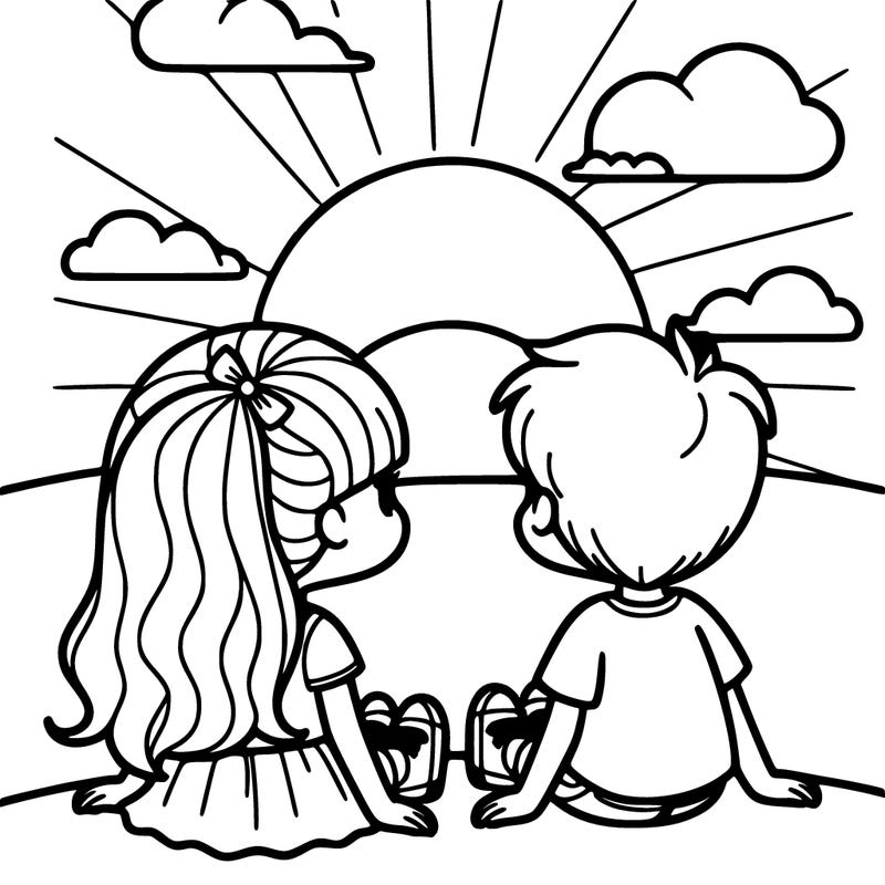 a girl and. boy sitting watching the sun set