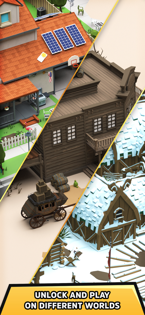 A collage showing three different levels in Street Diver including a suburban neighborhood, a wild west town, and a snowy viking village.