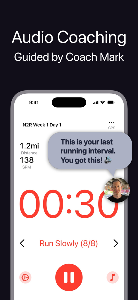 None to Run: Beginner, 5K, 10K - None to Run app audio coaching screen showing a guided running interval with Coach Mark.