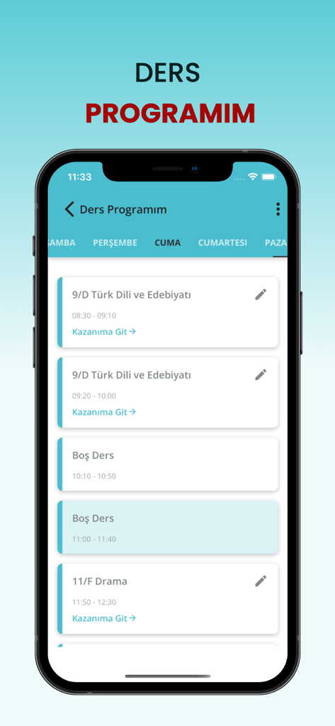 Öğretmen Evrak - A smartphone interface showing a daily school schedule for teachers