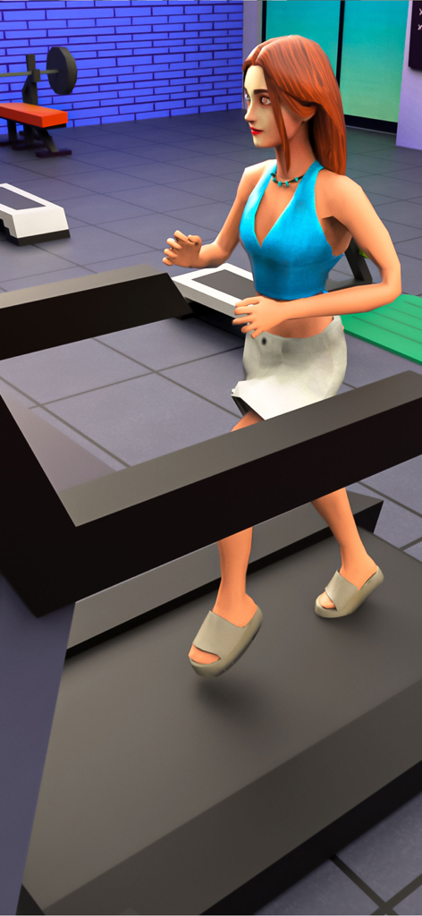 Pregnant Emergency Surgery Sim - Una mujer corriendo en una cinta de correr en un juego de simulación de gimnasio