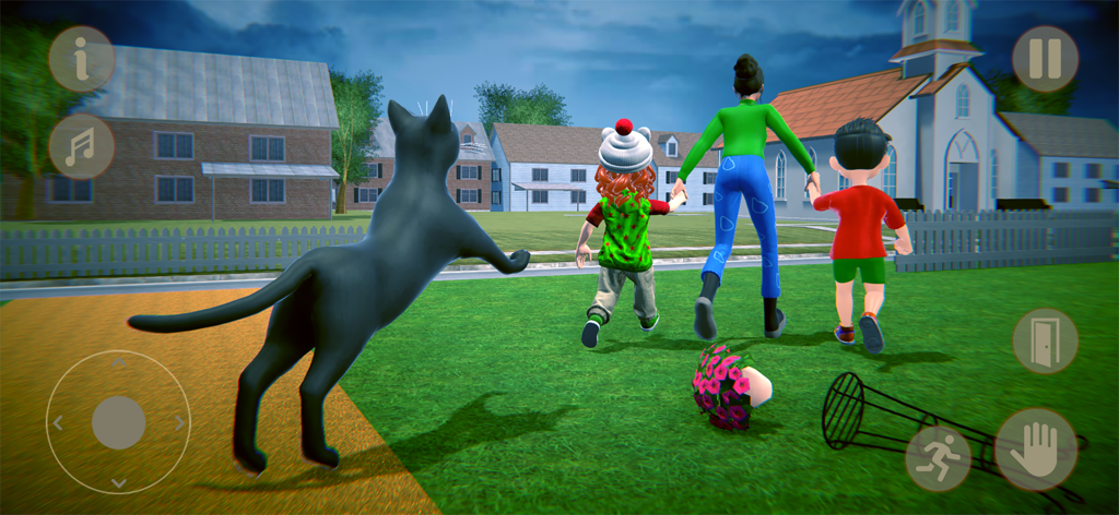 Virtual Scary Cat Simulator 3D - A 3D gameplay screenshot showing a large black cat chasing a woman and two children through a grassy neighborhood.