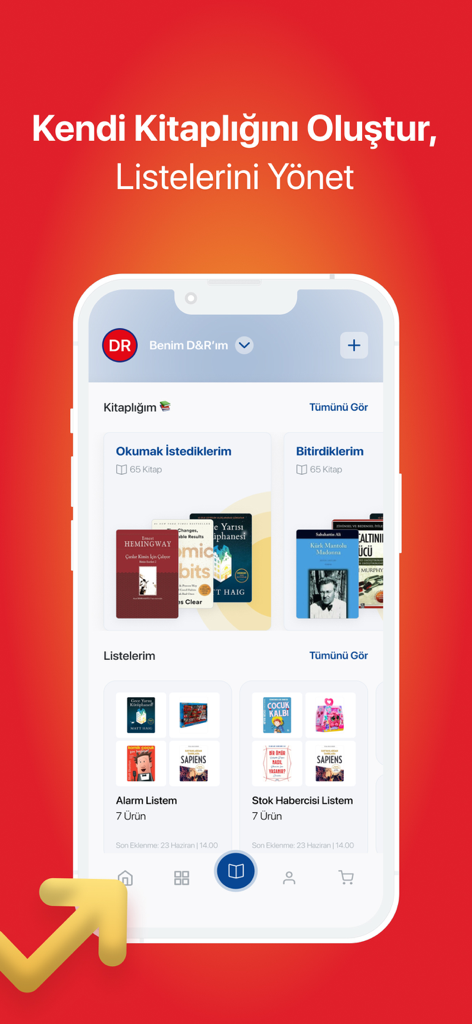 D&R - D&R app screen showing personal library management with reading lists and stock alerts.