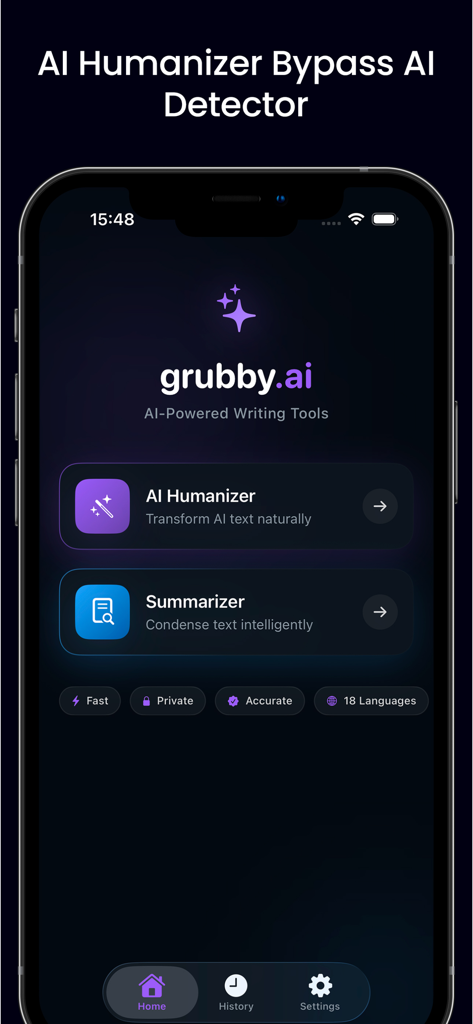 Grubby AI Humanize AI Text - Grubby AI mobile app interface showing options to humanize AI text and summarize content