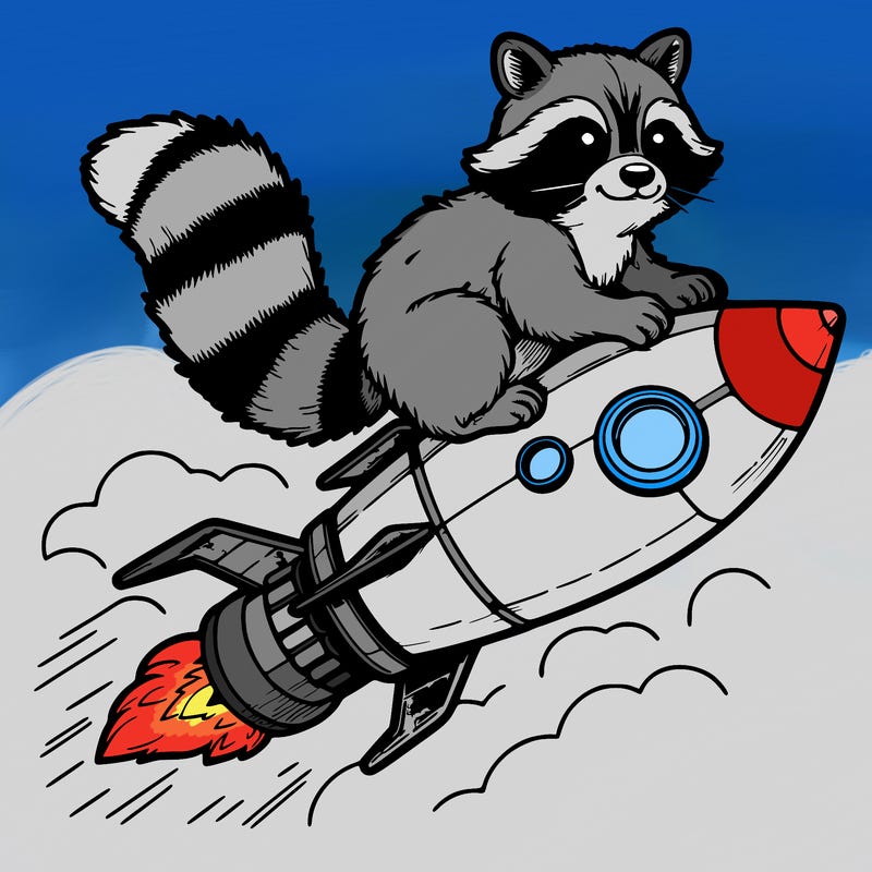 realistic raccoon flying on top rocket ship