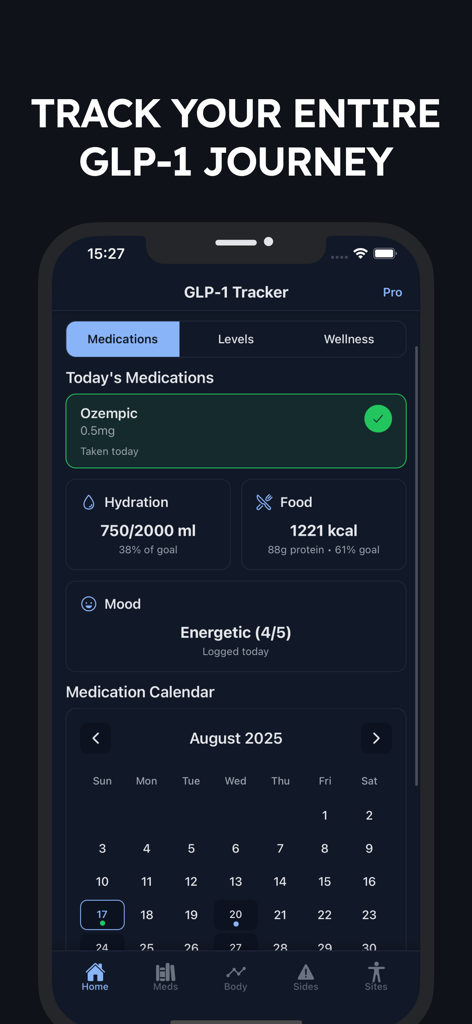 Painel do aplicativo GLP-1 Tracker exibindo registros de medicamentos Ozempic, rastreamento de hidratação e alimentos com um calendário mensal