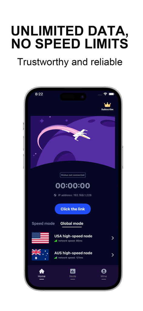 Quick meow-Cat Fast VPN interface showing unlimited data features and high-speed server nodes for USA and Australia
