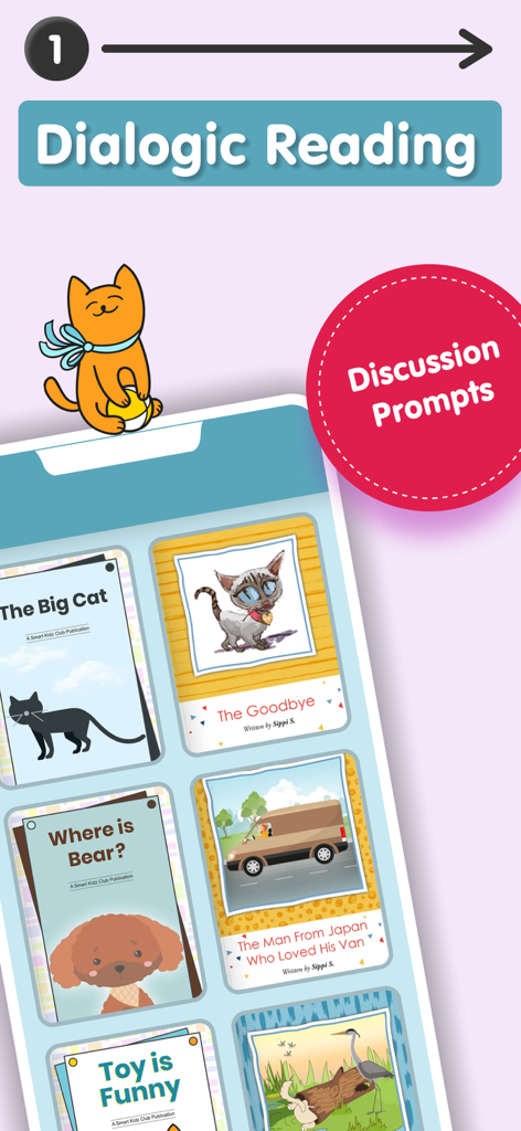 Screen showing dialogic reading feature with children books and discussion prompts