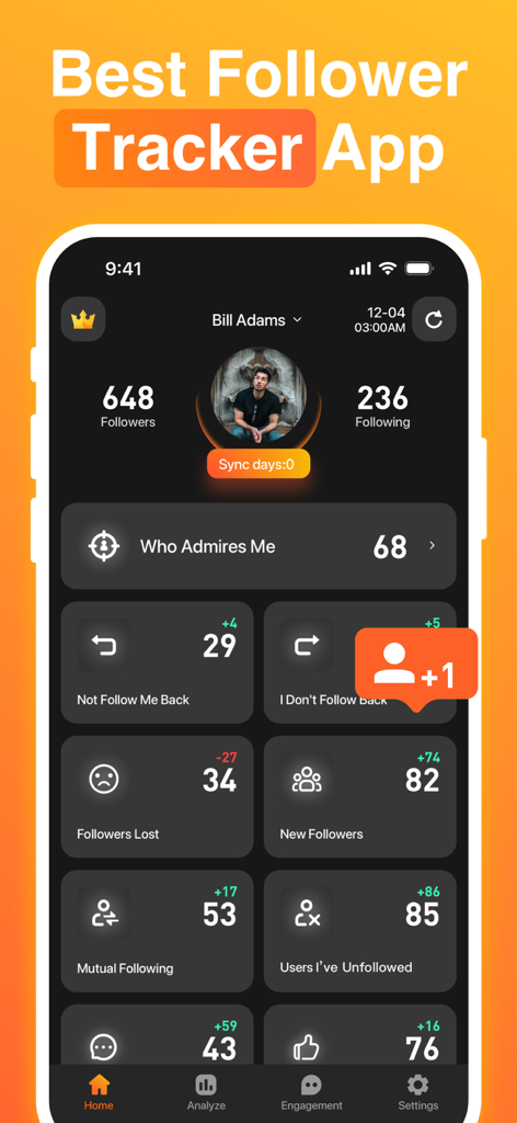Followers Unfollowers Tracker app dashboard showing account statistics like new followers, lost followers, and engagement insights.