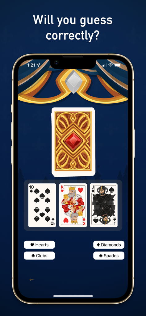 Ride The Bus - epic partygame - Gameplay screenshot of the Ride The Bus party game app showing card suit guessing options.