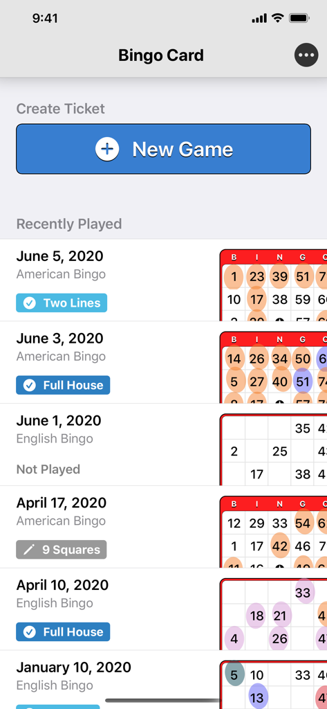 Bingo Card - Ticket Generator - Main screen of the Bingo Card app showing a history of recently played American and English bingo games.