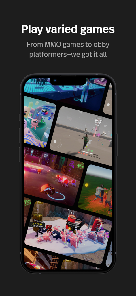 Spatial - A smartphone screen displaying a montage of various 3D games and virtual worlds in the Spatial app.