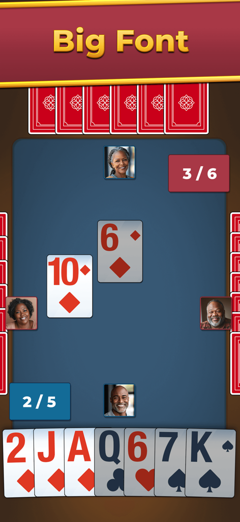 Spades For Seniors: Card Game - Jogabilidade de Spades Para Idosos mostrando cartas grandes de alto contraste e fonte grande para fácil legibilidade