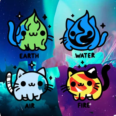 4 cats that represent the different elements, earth, water, air, and fire