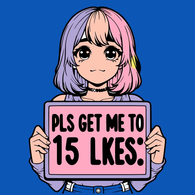 realistic girl holding up a sign that says “pls get me to 15 likes!”