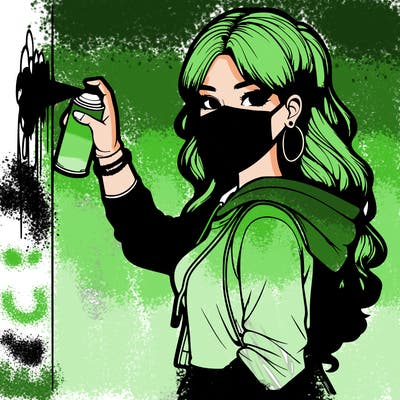 realistic girl with mask spray painting a wall