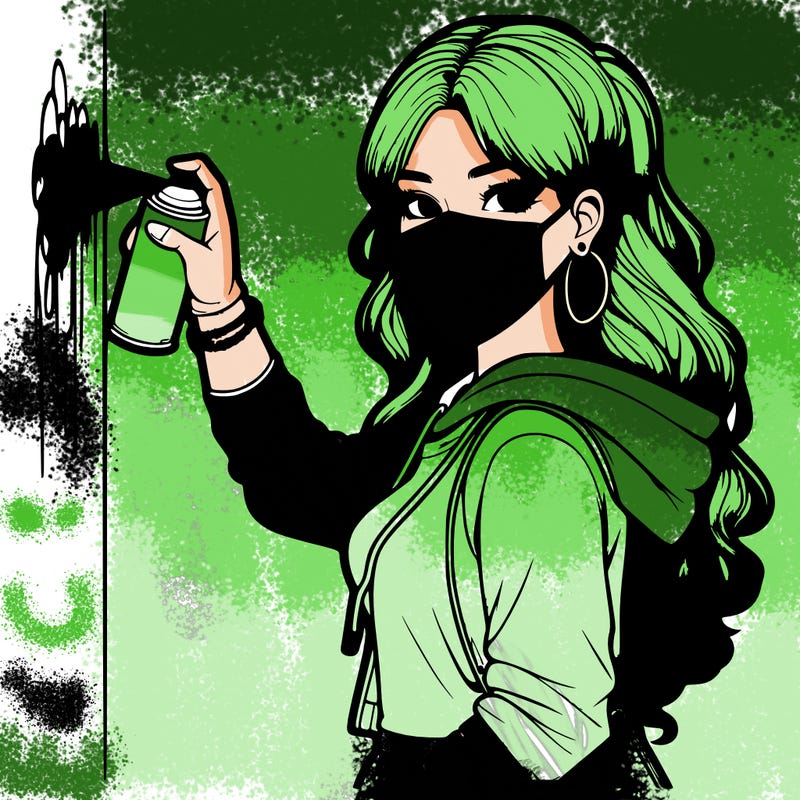 realistic girl with mask spray painting a wall