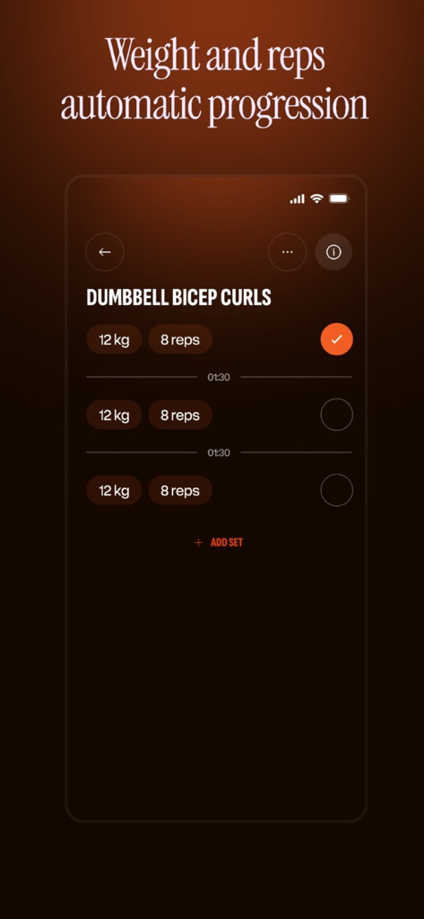 Kaizer: Gym & Fitness Planner - Pantalla de la aplicación planificador de gimnasio Kaizer para seguir el seguimiento de curls de bíceps con mancuernas con progresión de peso y repeticiones