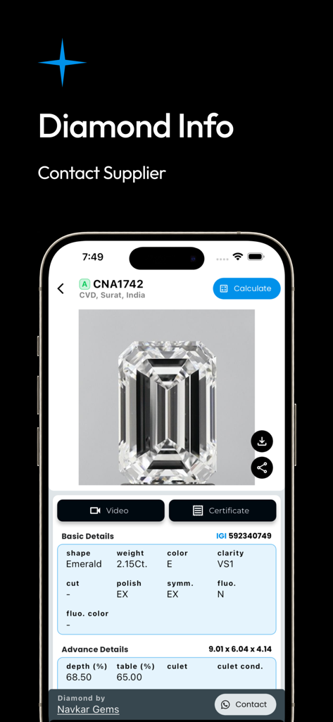 DRC - Diamond Rate Calc - A mobile app screen displaying detailed specifications and certification for an emerald cut diamond
