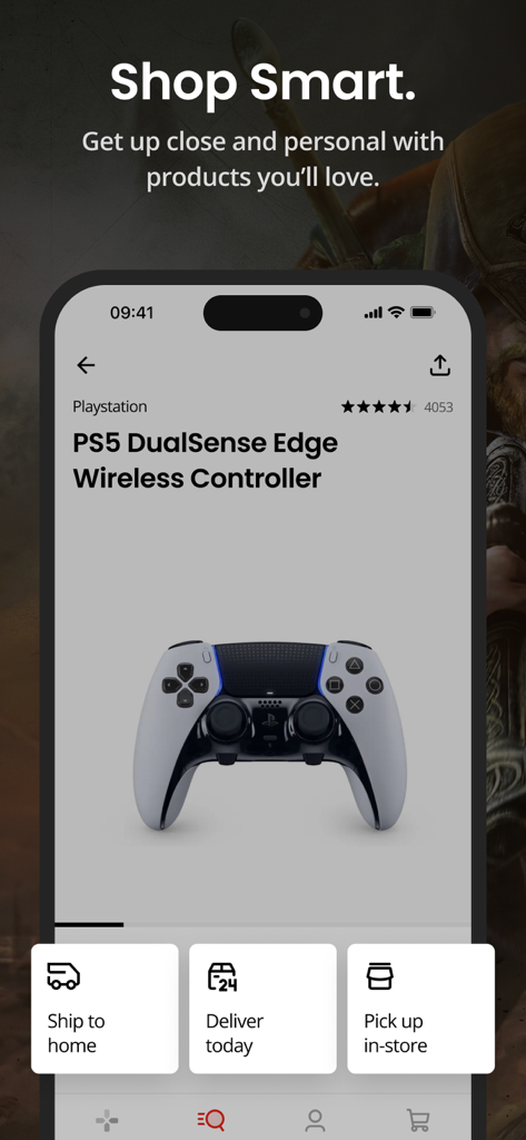 GameStop - Pagina prodotto dell'app mobile GameStop per un controller PS5 con opzioni di spedizione e ritiro.
