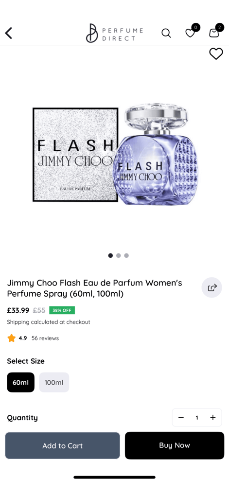 Perfume Direct 앱의 지미추 플래시 오 드 퍼퓸 제품 페이지, 할인된 가격과 사이즈 옵션 표시