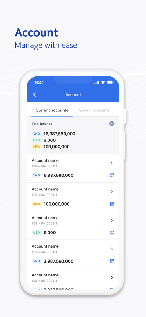 Shinhan SOL Vietnam - Shinhan SOL Vietnam mobile banking interface showing multiple currency account balances for VND USD and KRW