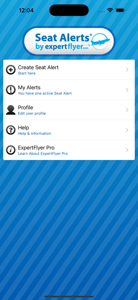 Main menu of the Seat Alerts app showing options for creating seat alerts and managing user profile