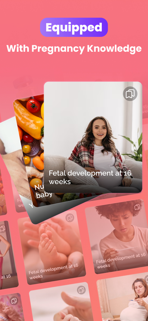 My Baby Heartbeat Monitor App - Pantalla de la aplicación de seguimiento de embarazo que muestra información sobre el desarrollo fetal y consejos de nutrición a las 16 semanas.