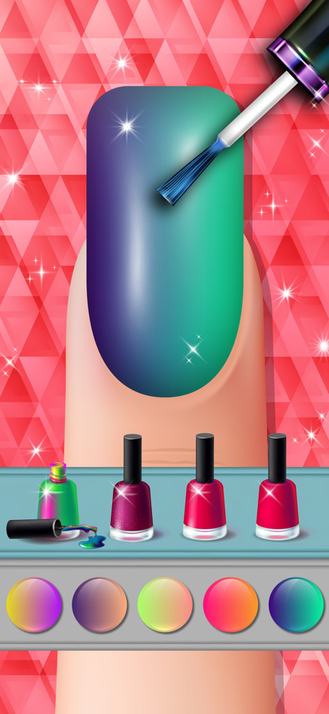 Acrylic Nail Salon Girls Games - A large acrylic nail being painted with a blue and green gradient polish in a virtual salon game.