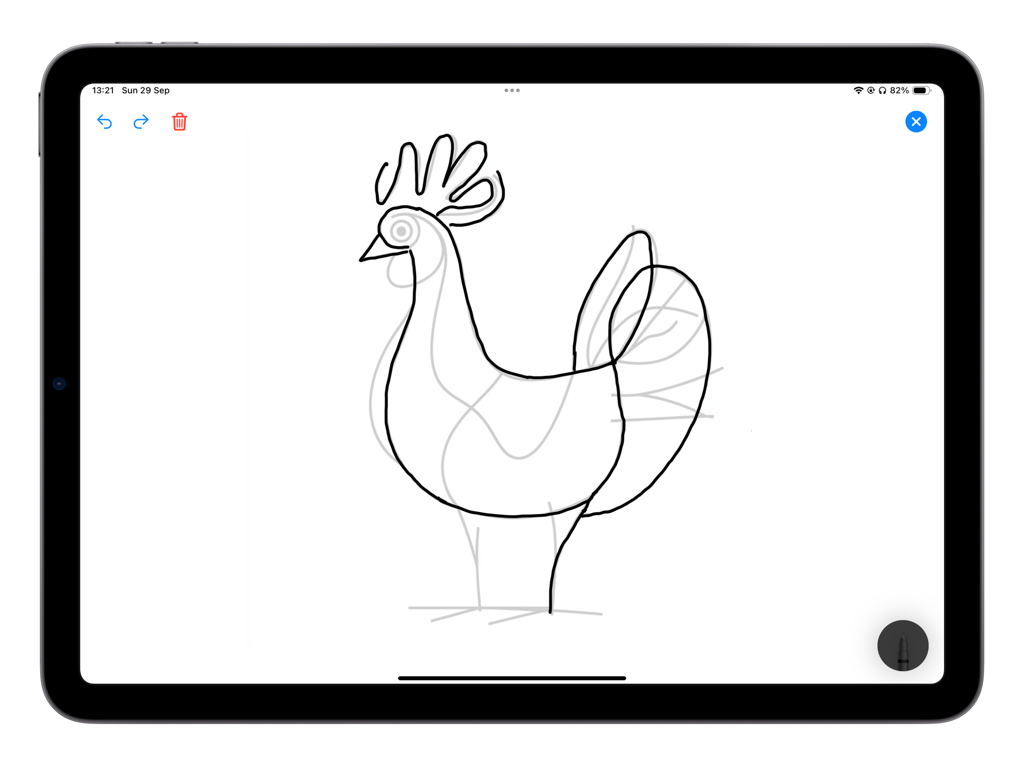 Trace Drawing - Una pantalla de iPad que muestra un dibujo de gallo siendo calacado con líneas negras sobre una plantilla gris claro en la aplicación Trace Drawing.