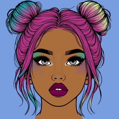 realistic girl with two buns on her hair and lips
