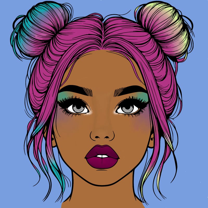 realistic girl with two buns on her hair and lips