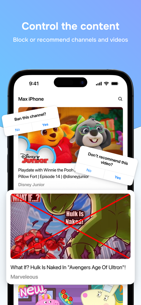 A smartphone screen showing the Kids TV app interface with options to ban channels and block inappropriate YouTube videos for children.