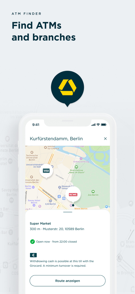Commerzbank Banking - Commerzbank 앱 인터페이스에 ATM 및 지점 찾기 지도 표시
