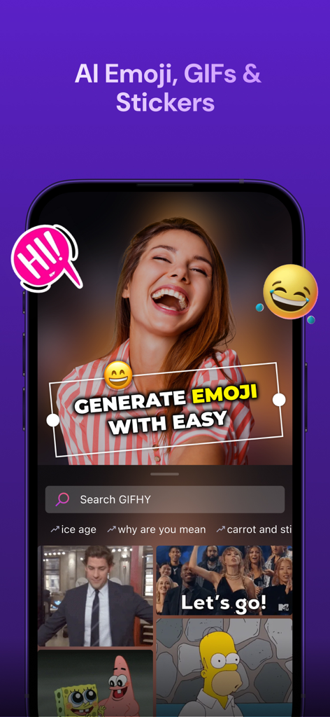 Zeemo:AI Video & Caption Tool - Interfaz de la app Zeemo mostrando emojis generados por IA y búsqueda de GIF para edición de vídeo