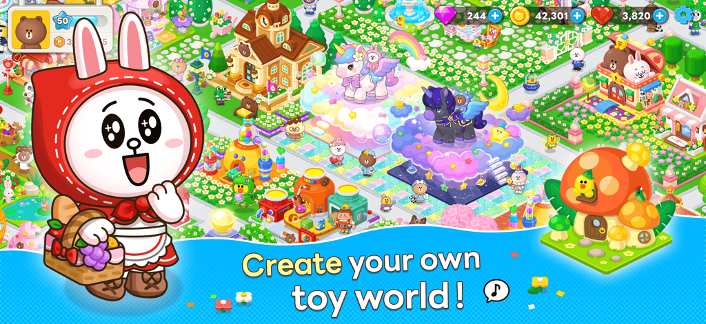 Brown Toys - Brown Toys gameplay screenshot showing a colorful toy town and a cute character with a basket